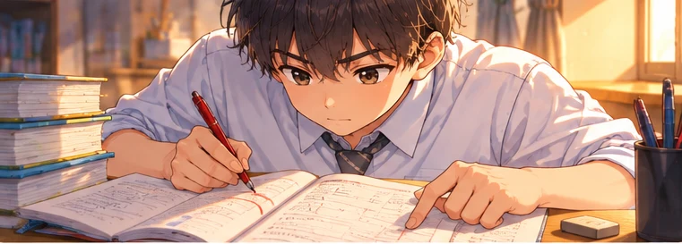 赤ペンを持ち、プリントの間違えた問題を真剣に見直す中学生（イメージイラスト）