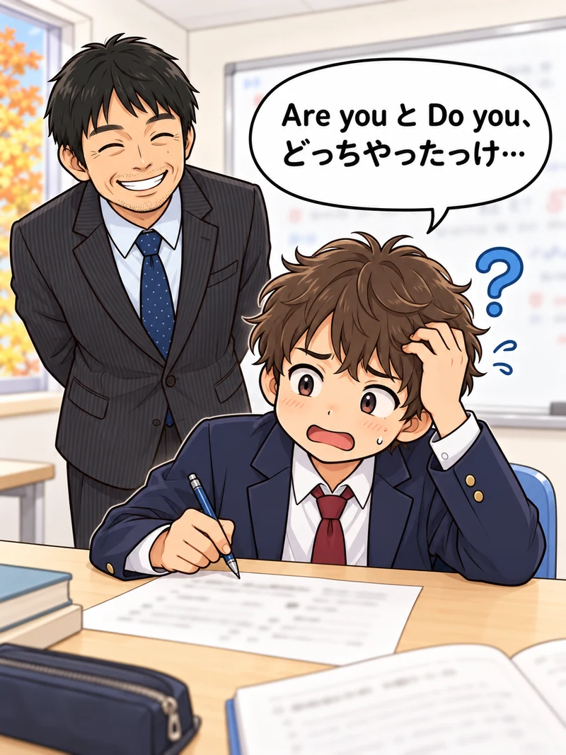 漫画1コマ目：英語のプリントを前に「Are you と Do you、どっちやったっけ…」と頭を抱える中1の生徒