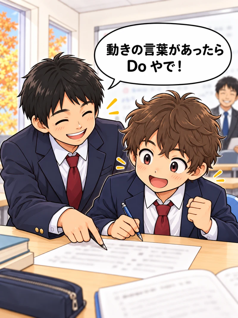 漫画2コマ目：となりの席の生徒が「動きの言葉があったら Do やで！」と教えている