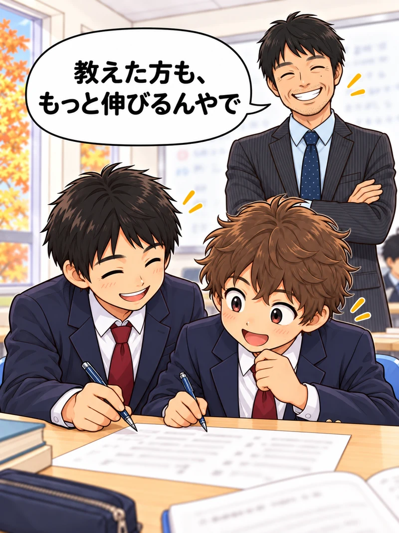 漫画3コマ目：教え合う2人を、後ろから馬渡先生がにっこり見守る「教えた方も、もっと伸びるんやで」