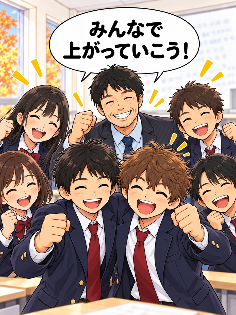 漫画4コマ目：クラスのみんなでガッツポーズ「みんなで上がっていこう！」