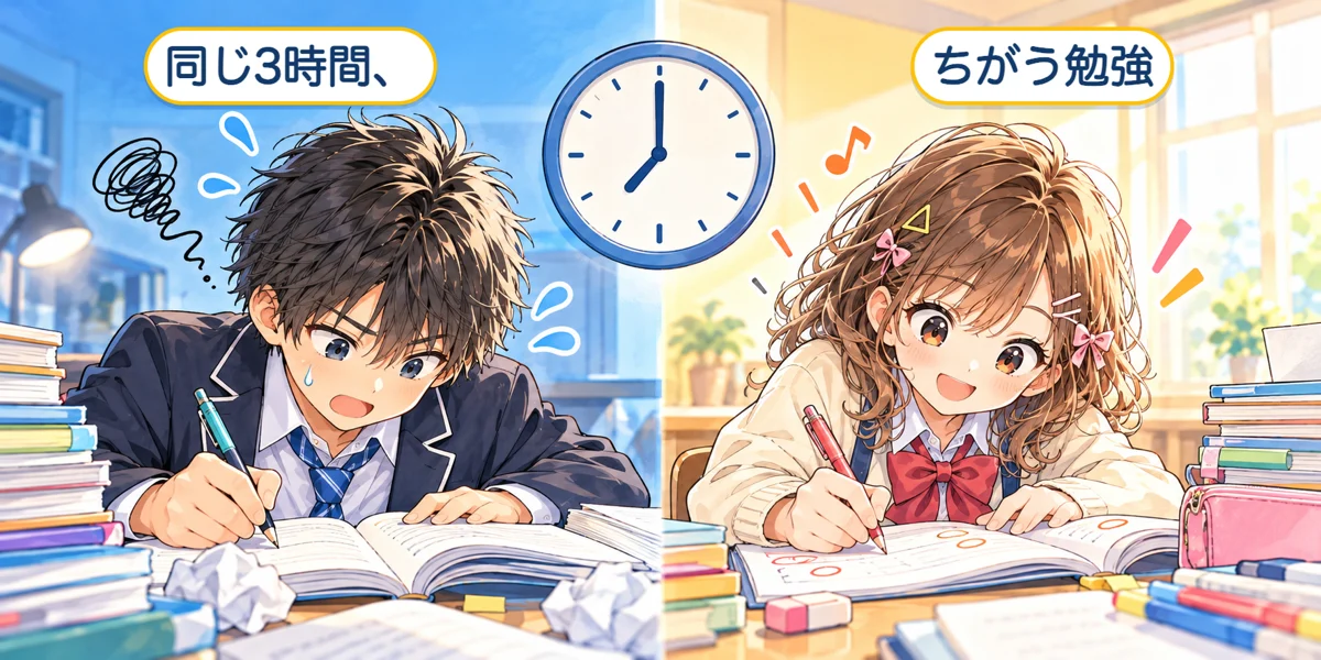 同じ3時間でも、ワークを急いで埋めるケントと、間違えた問題を解き直すカホ。同じ3時間、ちがう勉強