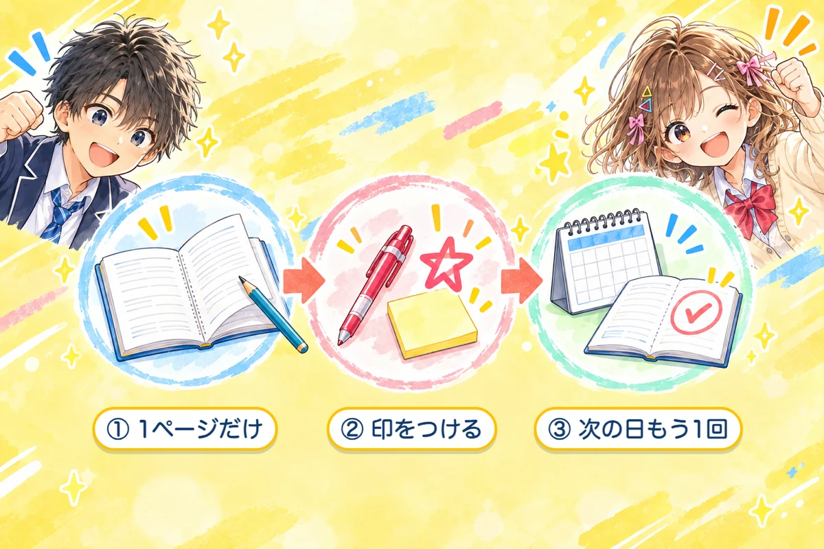 今日からできる3ステップ。1ページだけ、印をつける、次の日もう1回