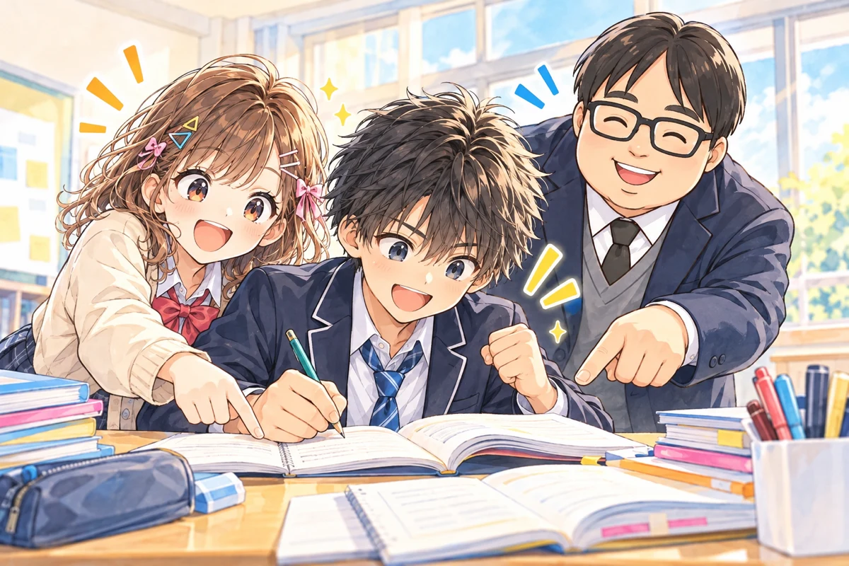 学校のワークに前向きに取り組む中学生のケントを、カホと中谷塾の泰地先生が笑顔で応援しているイラスト