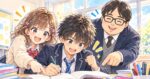 学校のワークに前向きに取り組む中学生のケントを、カホと中谷塾の泰地先生が笑顔で応援しているイラスト